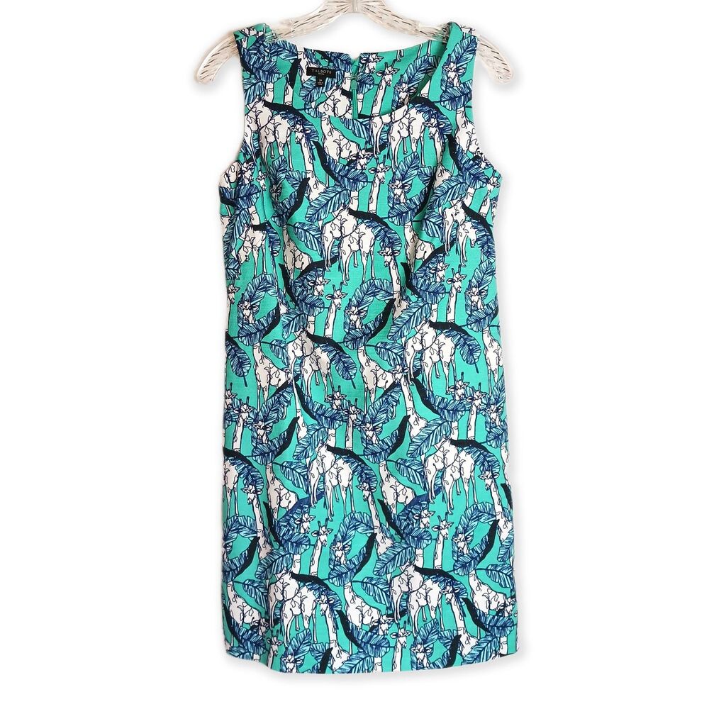 Talbots Green Sheath Sleeveless Giraffe Dress Teal, Blue, White Size 2P
